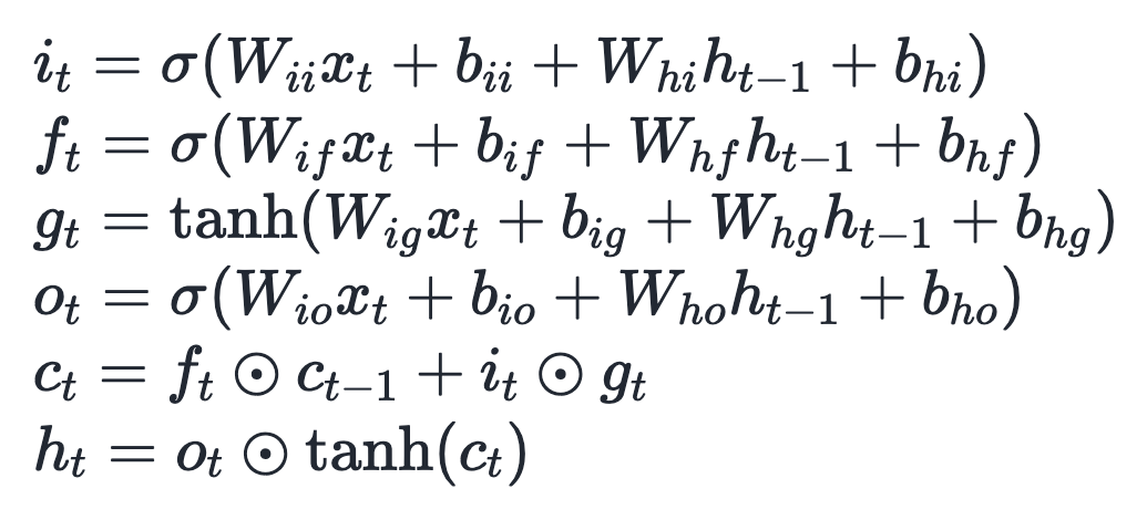 PyTorch nn.LSTM equations: i, f, g, o gates; c_t = f_t ⊙ c_{t-1} + i_t ⊙ g_t; h_t = o_t ⊙ tanh(c_t).