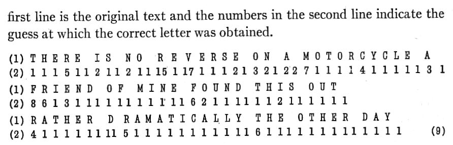 Shannon 1951, example: THERE IS NO REVERSE ON A MOTORCYCLE A FRIEND OF MINE FOUND THIS OUT RATHER DRAMATICALLY THE OTHER DAY, with the number of guesses needed for each letter underneath.