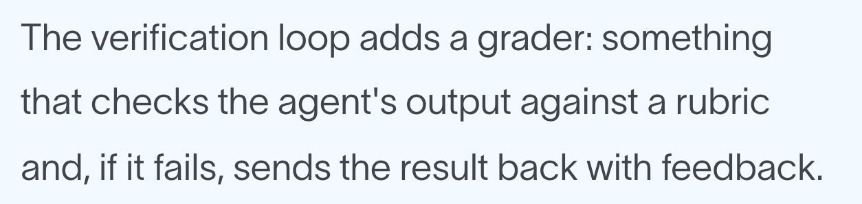 LangChain: The verification loop adds a grader: something that checks the agent's output against a rubric and, if it fails, sends the result back with feedback.