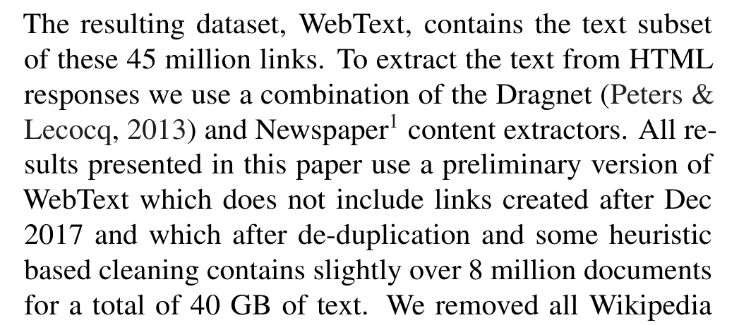 Radford et al.: WebText … contains slightly over 8 million documents for a total of 40 GB of text.