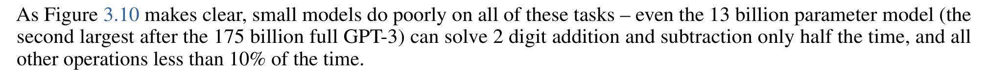 As Figure 3.10 makes clear, small models do poorly on all of these tasks – even the 13 billion parameter model (the second largest after the 175 billion full GPT-3) can solve 2 digit addition and subtraction only half the time, and all other operations less than 10% of the time.