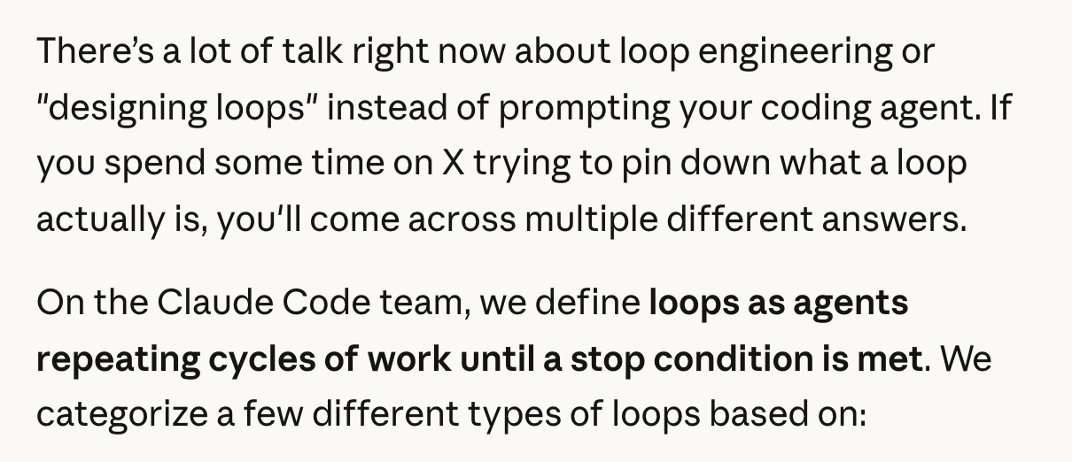 Claude blog: we define loops as agents repeating cycles of work until a stop condition is met.